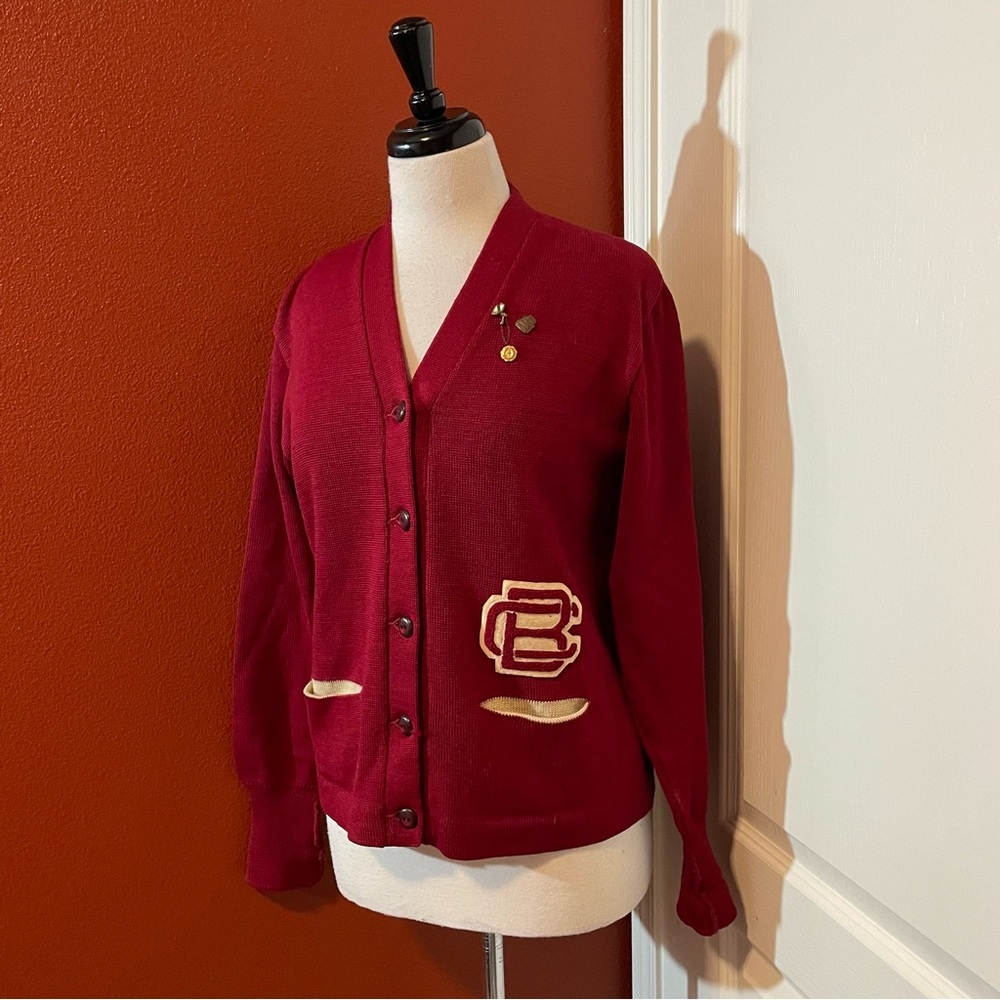 Skookum Vintage Women’s Red 100%‎ Virgin Wool Letterman Buttom Front Cardigan